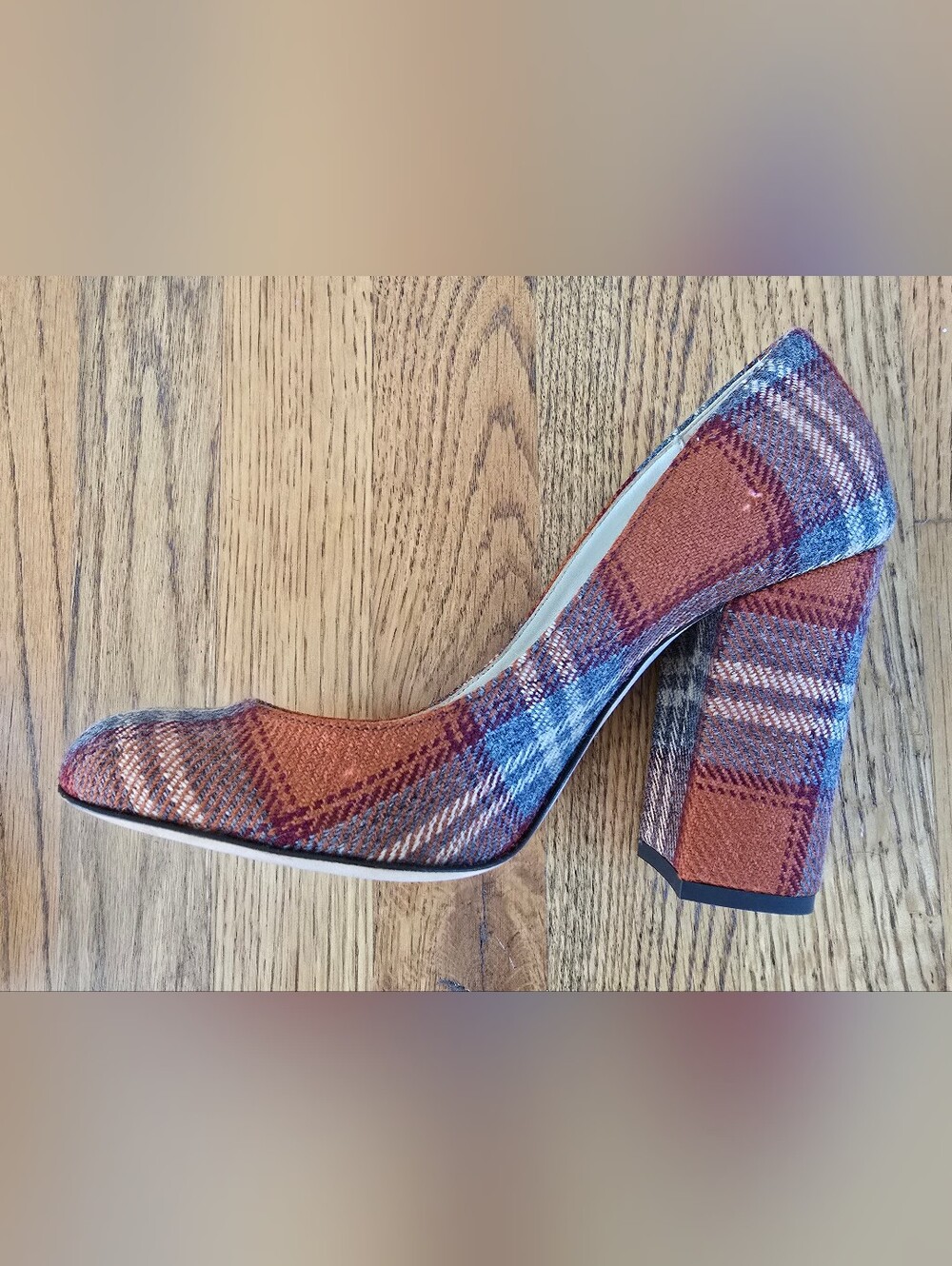 Bettye Muller Orange and Gray Plaid Block Heel Pumps - Picture 10 of 12